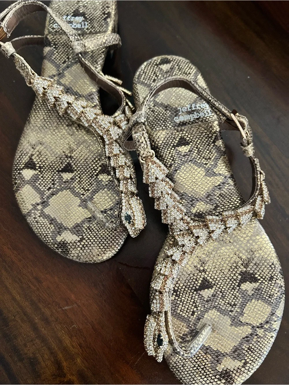 Jeffrey Campbell Gold Snakeskin Jeweled T-Strap Sandals